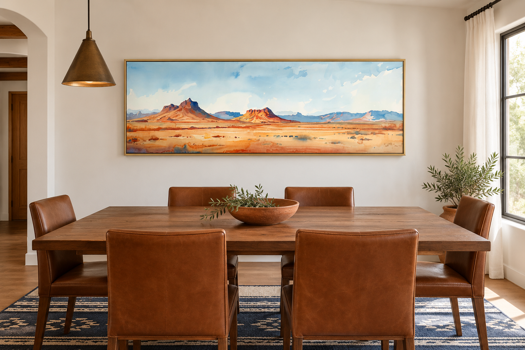 Arizona desert landscape minimalist horizontal framed canvas wall art in a gold frame.