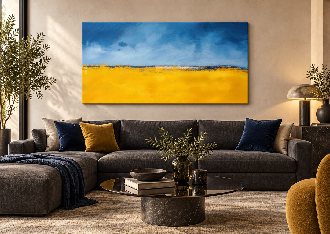 Minimalist blue and yellow Ukrainian flag landscape canvas print above a modern dark grey sofa.