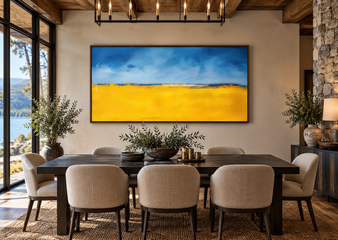 Minimalist blue and yellow Ukrainian flag landscape canvas art in a modern dining room.