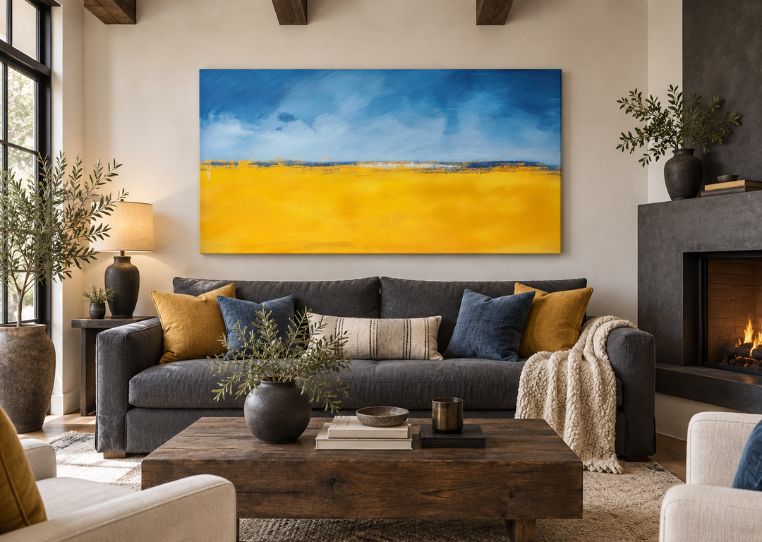 Minimalist blue and yellow abstract landscape canvas print hanging above a dark grey sofa.