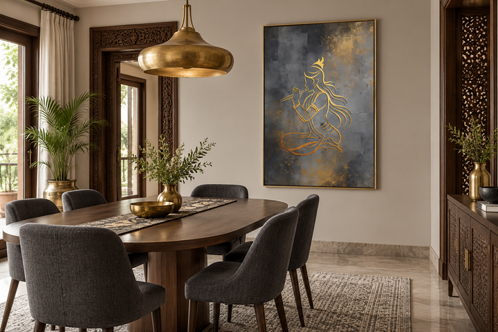 Minimalist Lord Krishna gold and silver framed canvas wall art in a modern Indian dining room.