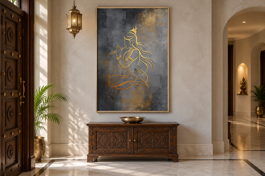 Minimalist gold Lord Krishna with flute framed canvas wall art in a traditional Indian foyer.