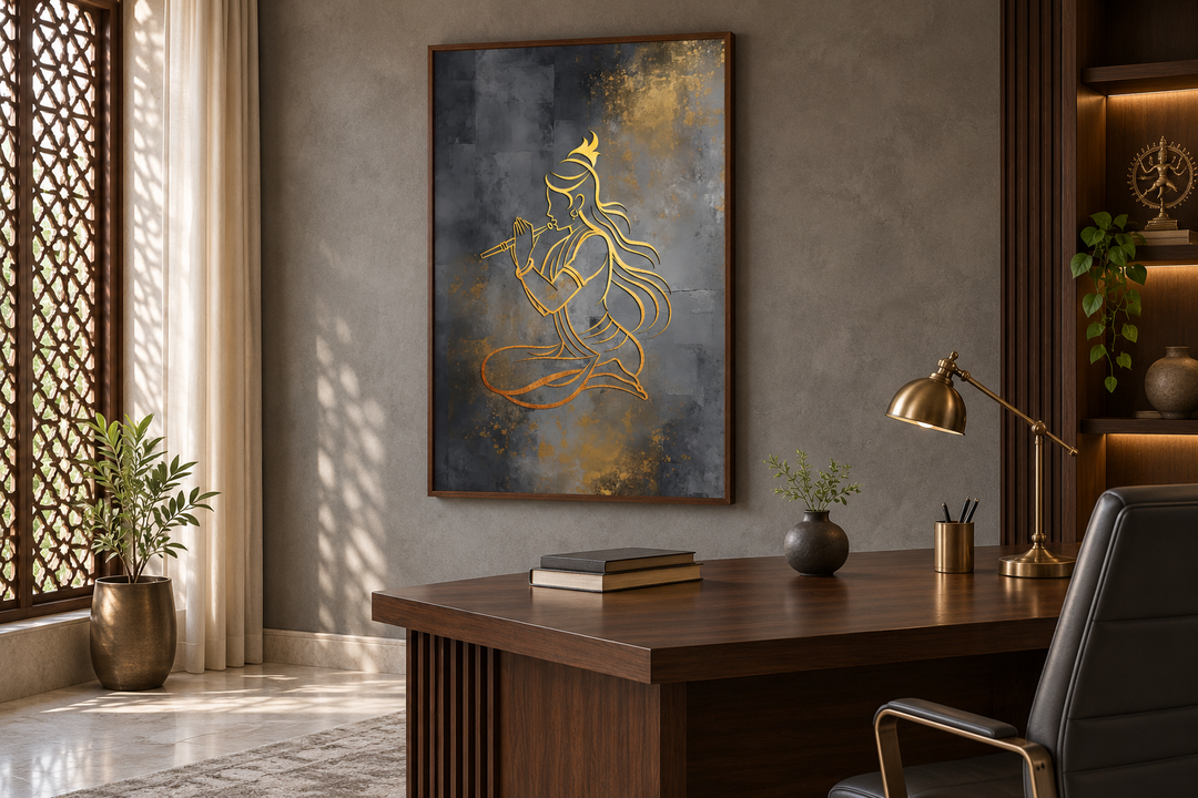 Minimalist gold Lord Krishna with flute framed canvas wall art in a modern home office setting.