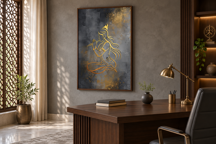 Minimalist gold Lord Krishna with flute framed canvas wall art in a modern home office setting.