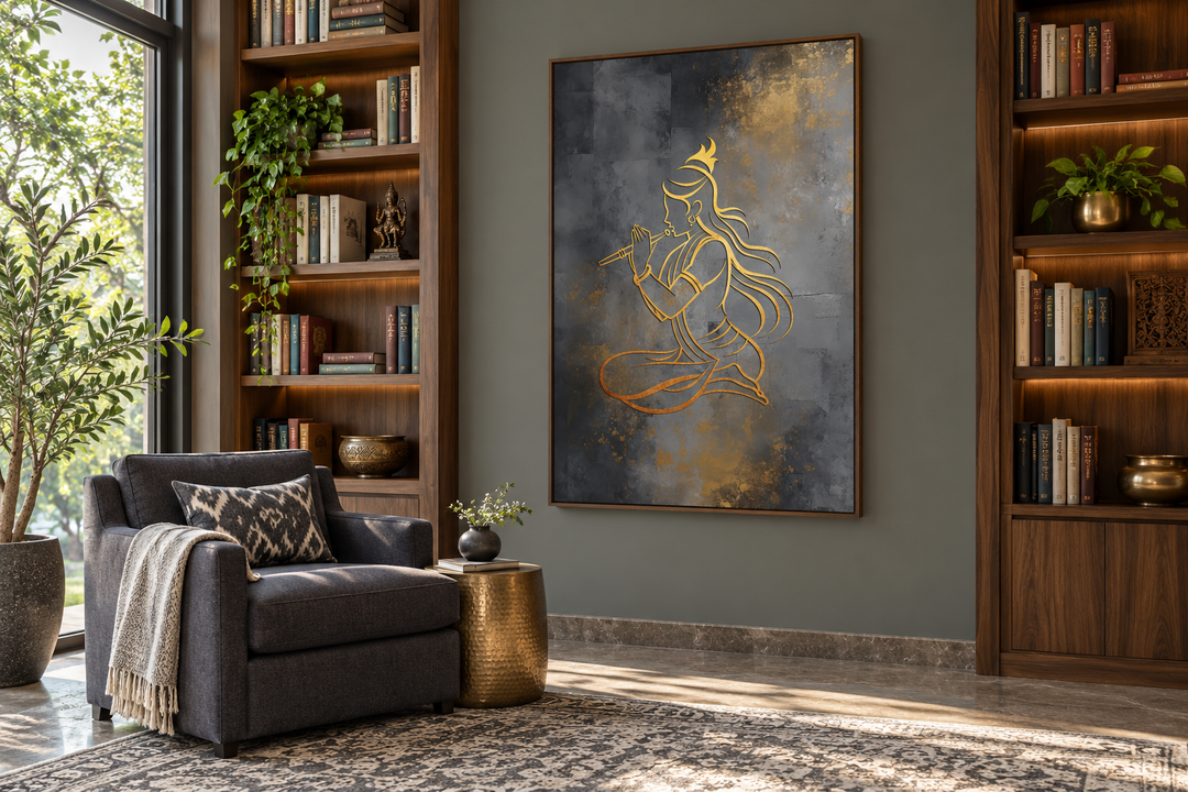 Minimalist gold Lord Krishna with flute wall art in a modern library setting with a grey armchair.