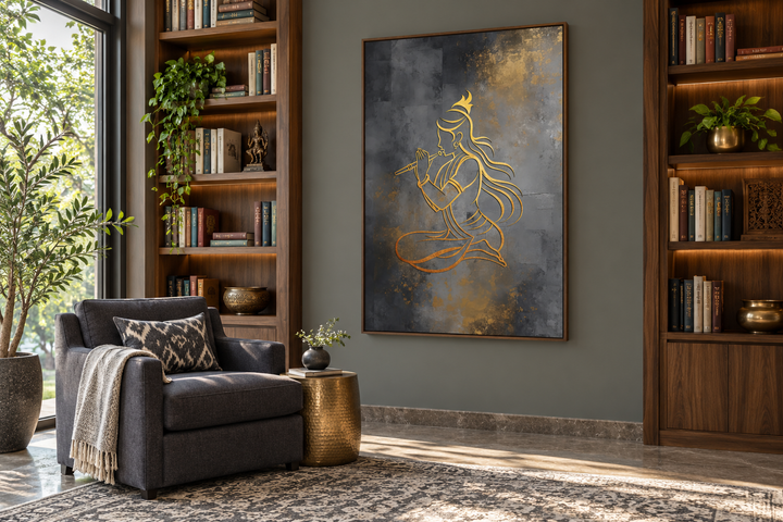 Minimalist gold Lord Krishna with flute wall art in a modern library setting with a grey armchair.