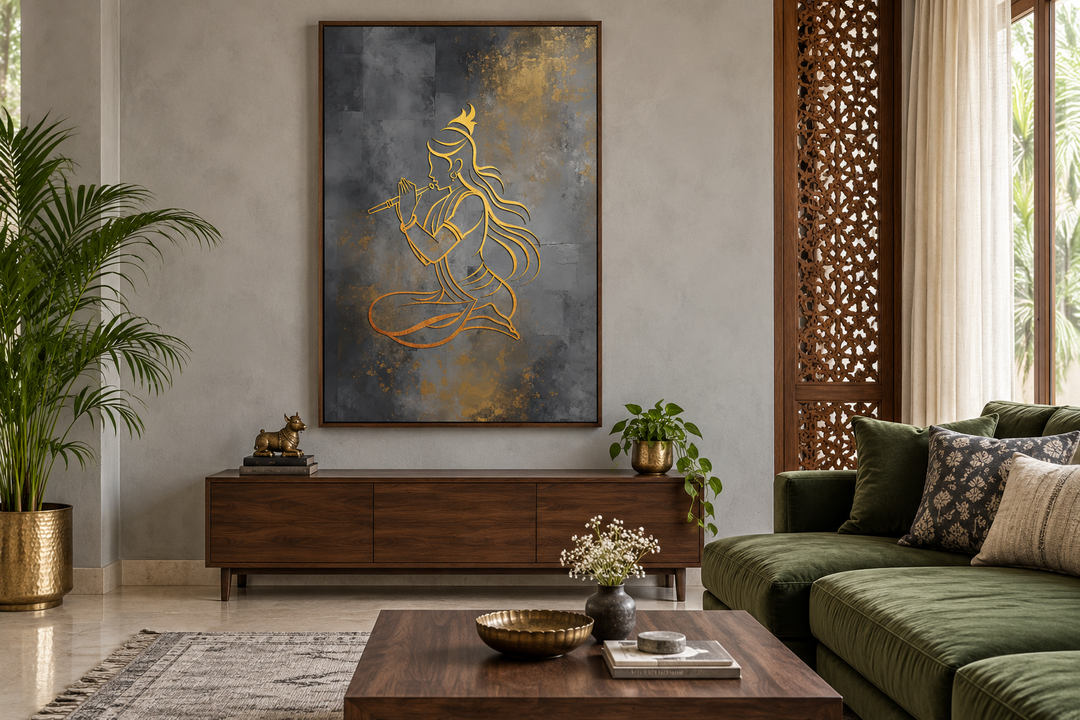 Minimalist Lord Krishna with flute gold and silver framed canvas art in a modern living room.