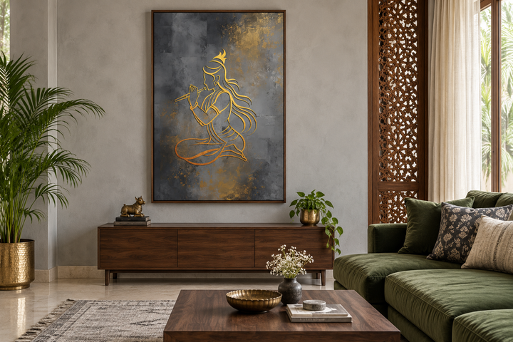 Minimalist Lord Krishna with flute gold and silver framed canvas art in a modern living room.