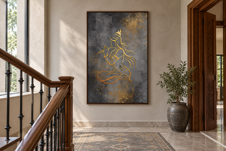 Minimalist Lord Krishna with flute gold and silver framed canvas wall art in a home hallway.