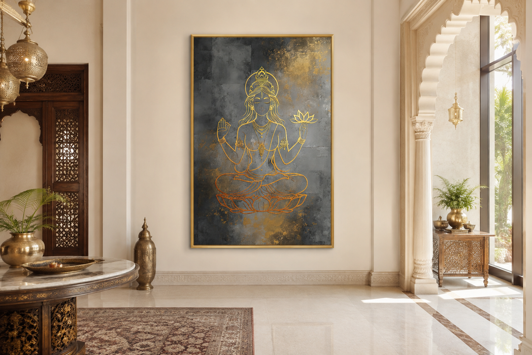 Minimalist gold line art of Goddess Lakshmi on a dark grey canvas in a gold frame.