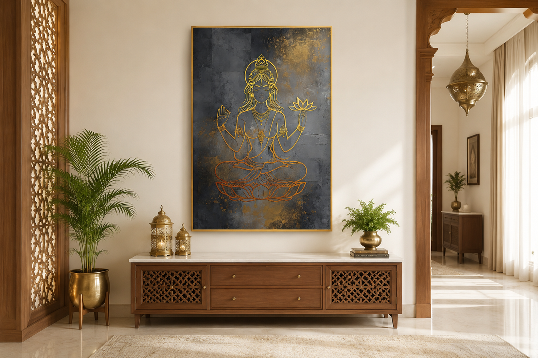 Minimalist gold and silver Lakshmi goddess framed canvas wall art above a wooden console table.