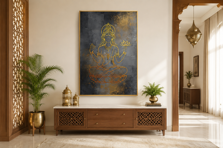 Minimalist gold and silver Lakshmi goddess framed canvas wall art above a wooden console table.