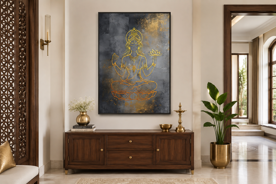 Minimalist Lakshmi gold and silver framed canvas wall art above a dark wood sideboard.