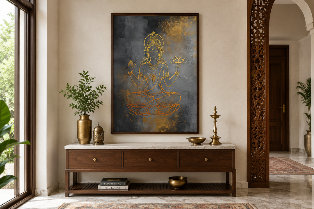Minimalist gold Lakshmi goddess outline on a dark grey framed canvas above a wooden console table.