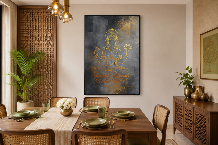Minimalist Lakshmi gold and silver framed canvas wall art above a wooden dining table.