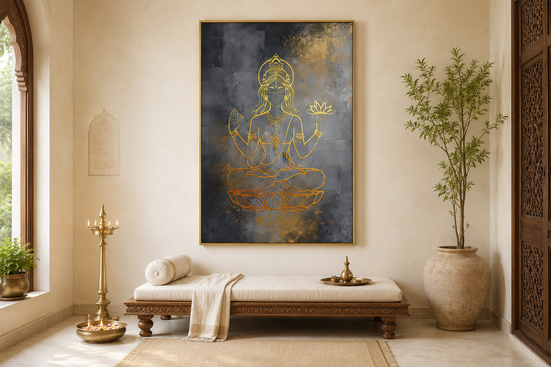 Minimalist gold Lakshmi goddess outline on a dark grey framed canvas in a serene room setting.