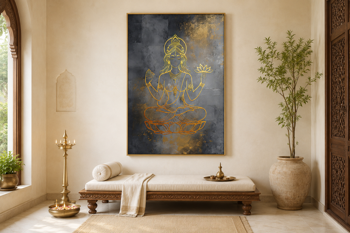Minimalist gold Lakshmi goddess outline on a dark grey framed canvas in a serene room setting.