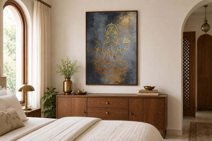 Minimalist Lakshmi gold and silver framed canvas wall art above a wooden dresser in a bedroom.