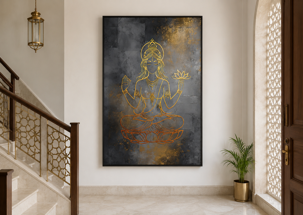 Minimalist gold Lakshmi goddess line art on a dark textured framed canvas in a modern hallway.