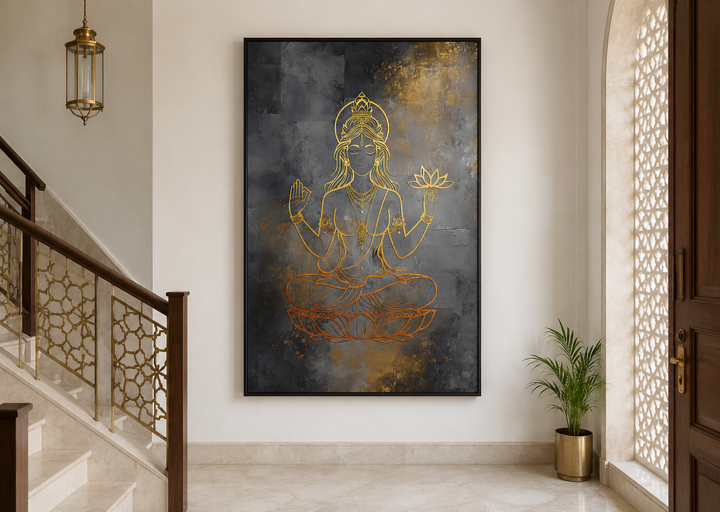 Minimalist gold Lakshmi goddess line art on a dark textured framed canvas in a modern hallway.