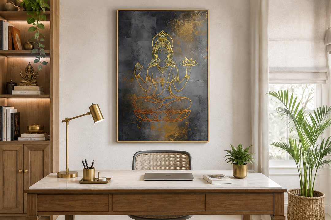 Minimalist gold Lakshmi goddess framed canvas wall art hanging above a wooden desk in a home office.