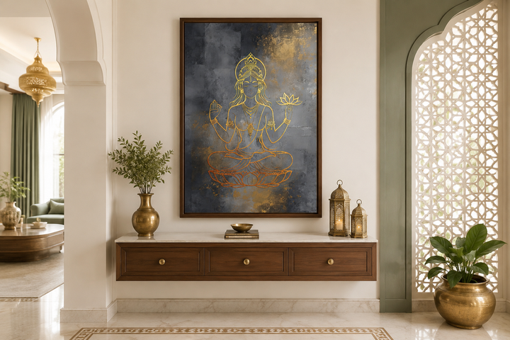 Minimalist Lakshmi gold and silver framed canvas wall art above a wooden console table.