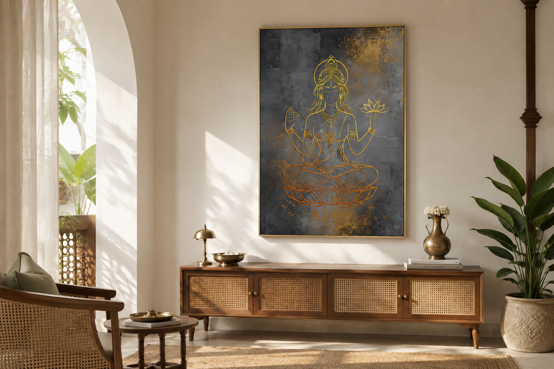 Minimalist Lakshmi gold and silver framed canvas wall art above a wooden sideboard in a living room.