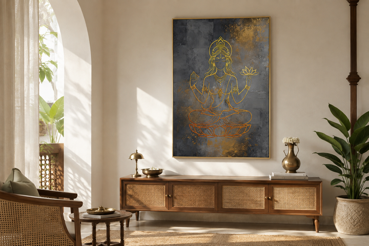 Minimalist Lakshmi gold and silver framed canvas wall art above a wooden sideboard in a living room.