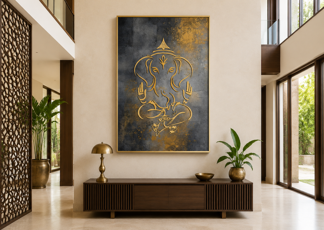 Minimalist gold Lord Ganesha line art on a dark gray and gold textured framed canvas wall art.