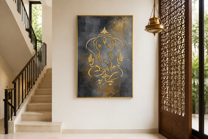Minimalist gold Lord Ganesha line art on a dark gray and gold textured framed canvas wall art.