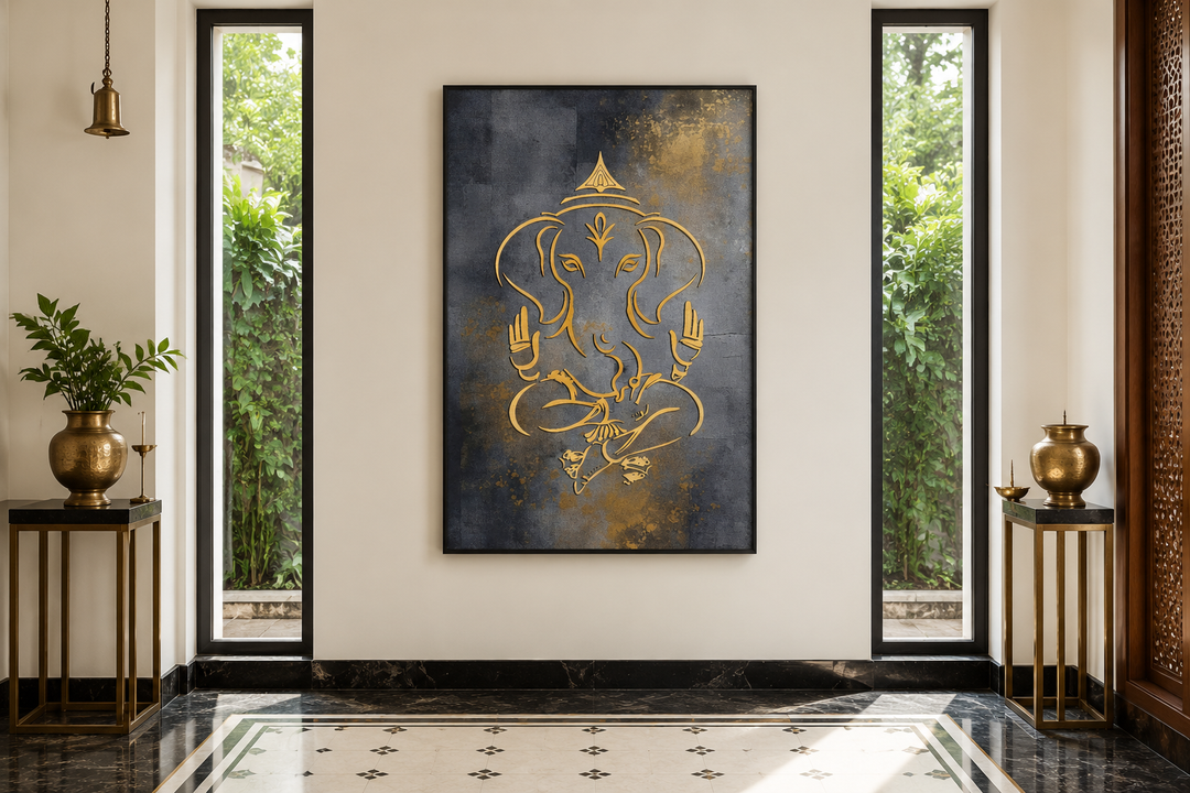 Minimalist gold Lord Ganesha line art on a dark gray and gold textured framed canvas wall art.