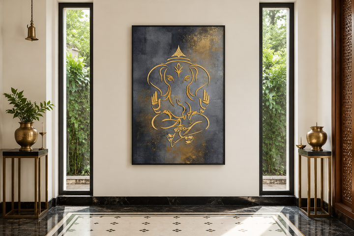 Minimalist gold Lord Ganesha line art on a dark gray and gold textured framed canvas wall art.