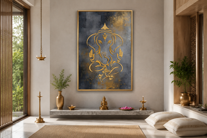 Framed gold Ganesha line art on a dark gray and gold textured canvas in a modern meditation room.