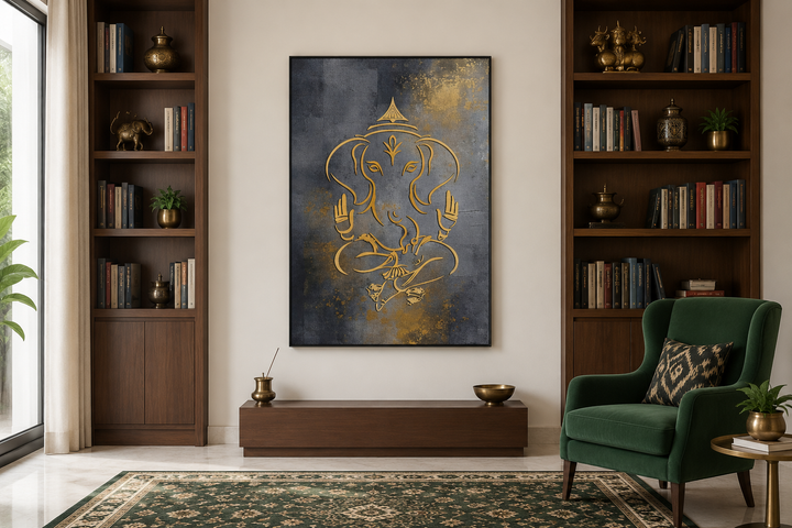 Modern gold Lord Ganesha line art on a dark gray framed canvas in a contemporary living room.