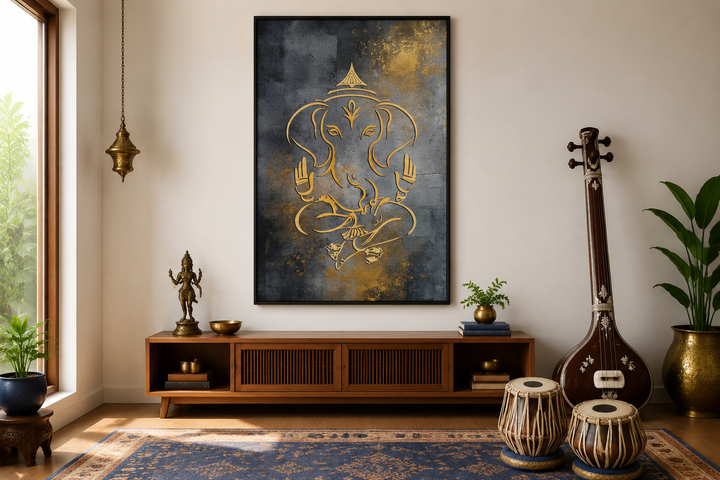 Minimalist gold Lord Ganesha line art on a dark gray and gold textured framed canvas wall art.