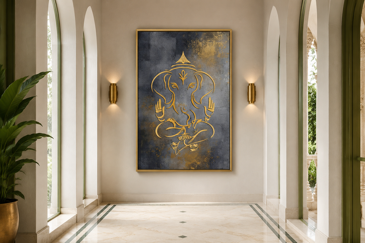 Minimalist gold Lord Ganesha line art on a dark gray framed canvas in a modern hallway.