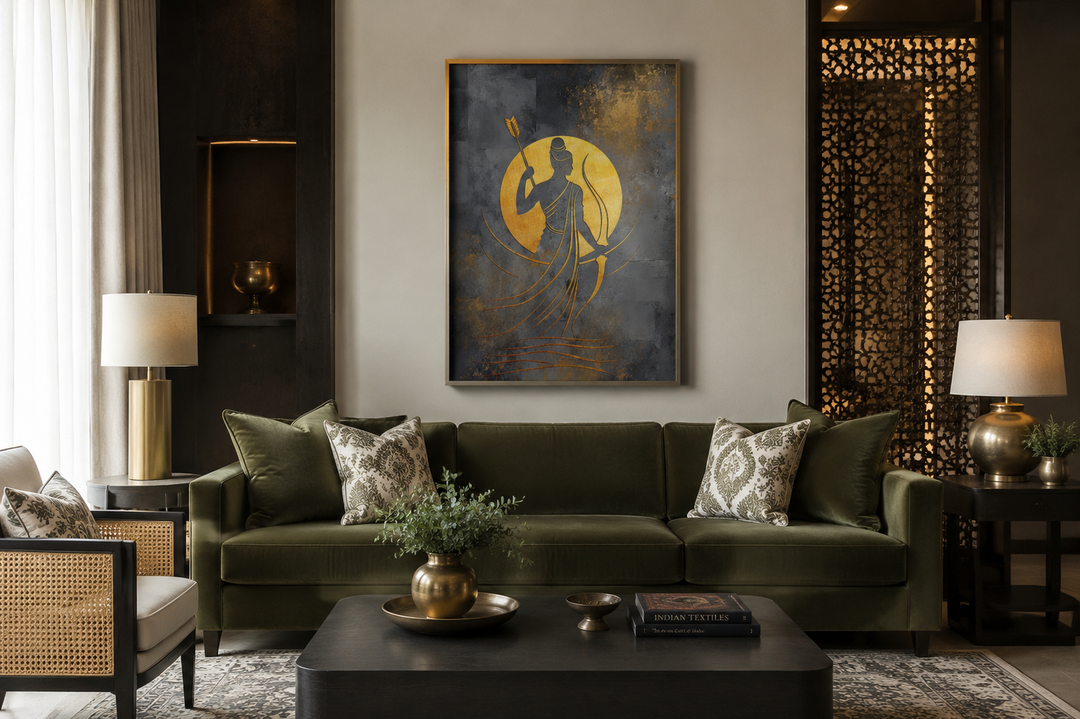 Minimalist Lord Rama framed canvas wall art in gold and silver tones above a green velvet sofa.