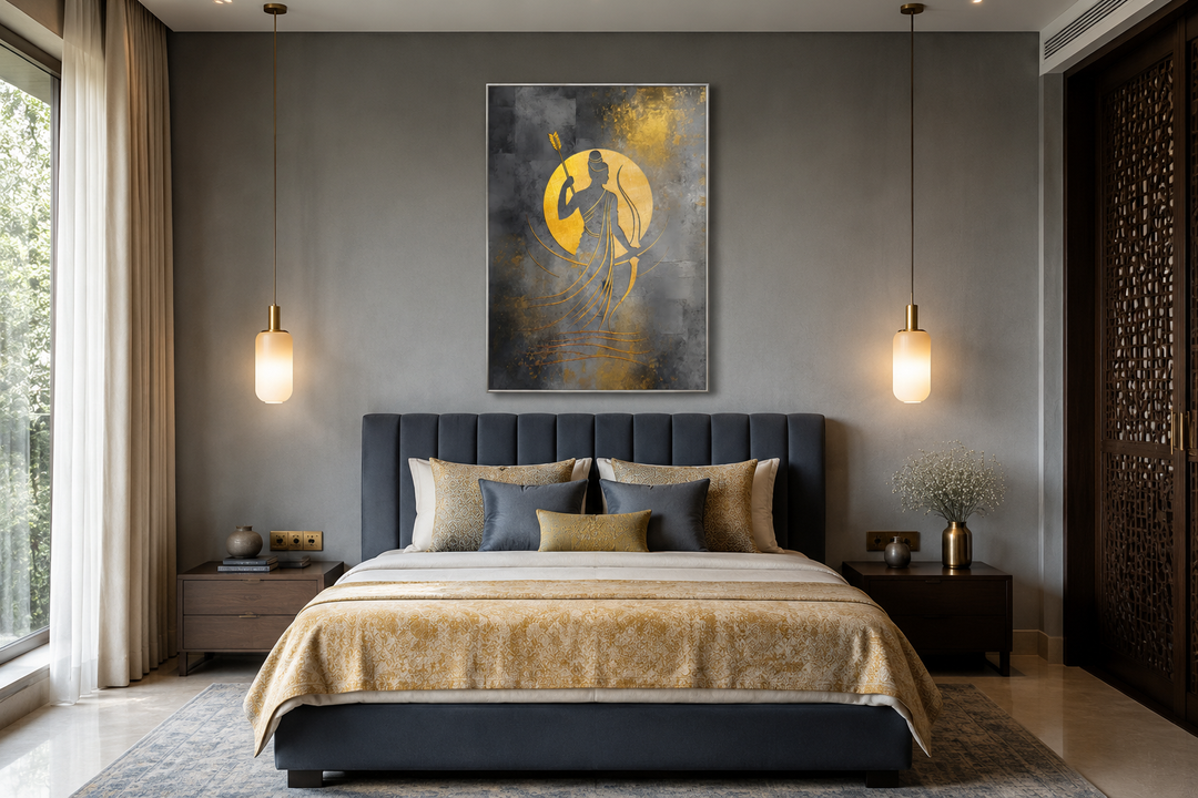 Minimalist Lord Rama framed canvas wall art in gold and silver tones above a modern bed.