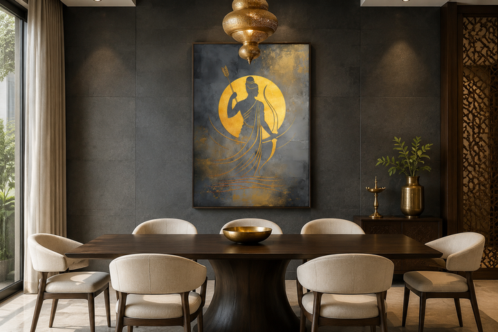 Minimalist Lord Rama gold and silver framed canvas wall art in a modern dining room setting.