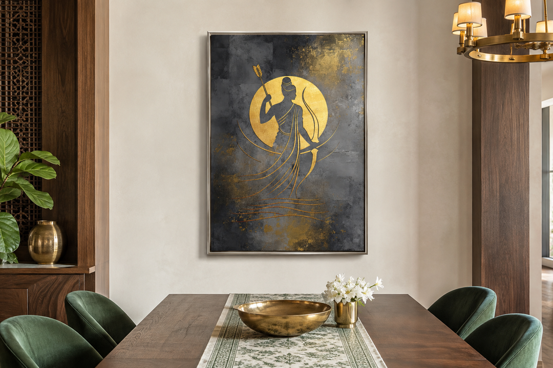 Minimalist Lord Rama framed canvas wall art in gold and silver tones above a dining table.