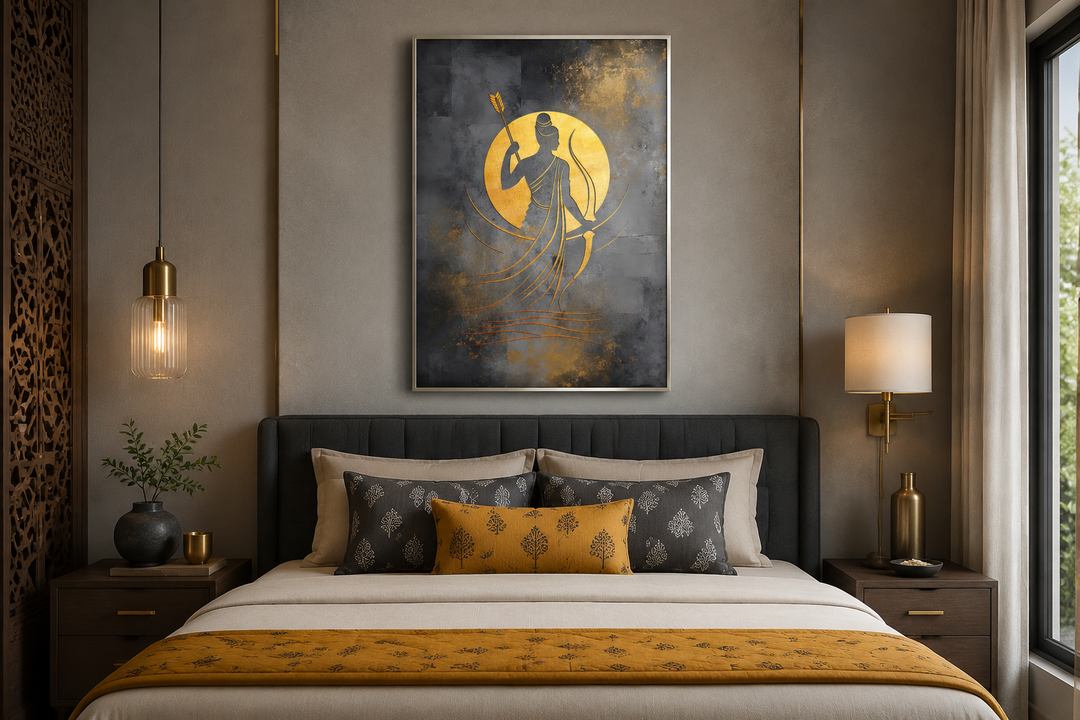 Minimalist Lord Rama framed canvas wall art in gold and silver tones hanging above a bed.