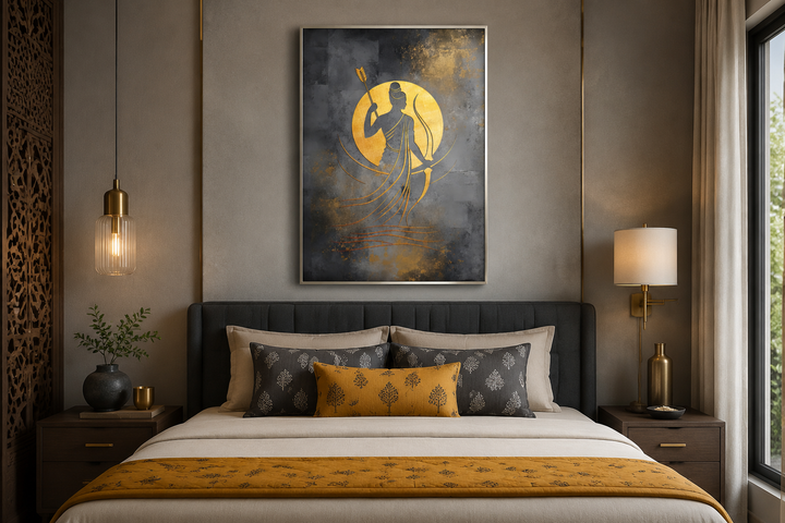 Minimalist Lord Rama framed canvas wall art in gold and silver tones hanging above a bed.