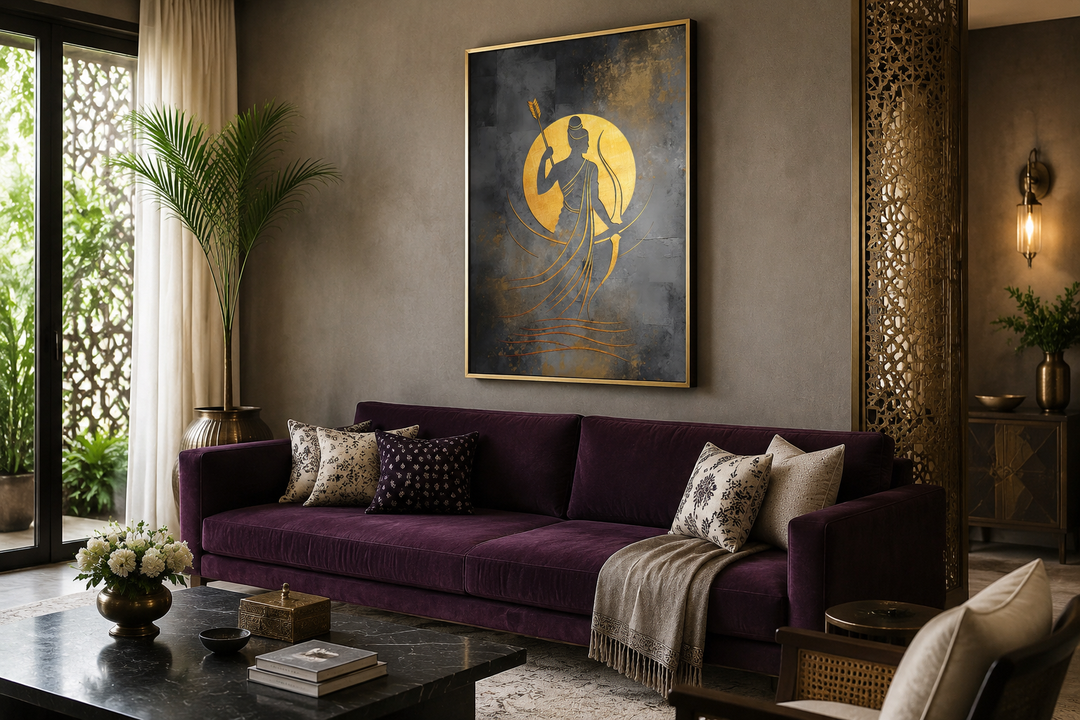 Minimalist Lord Rama framed canvas wall art in gold and silver tones above a purple sofa.