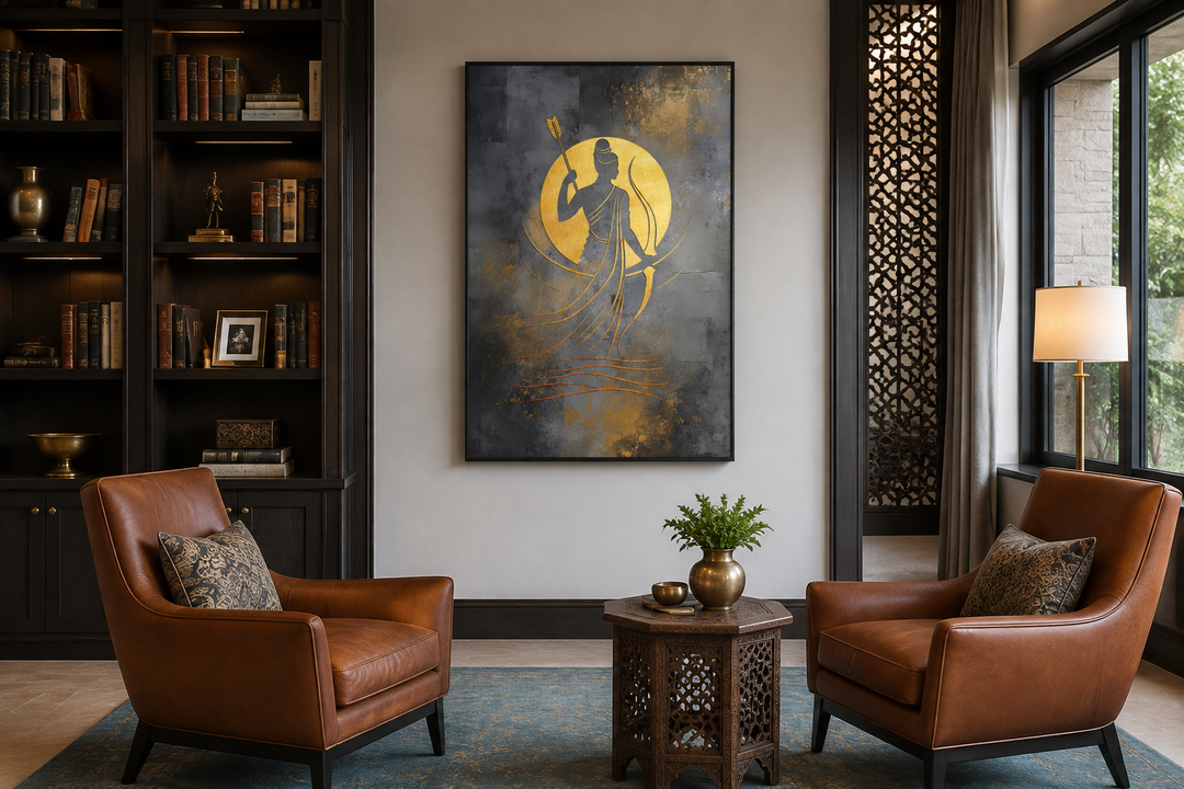 Minimalist Lord Rama gold and silver abstract framed canvas wall art in a modern living room.