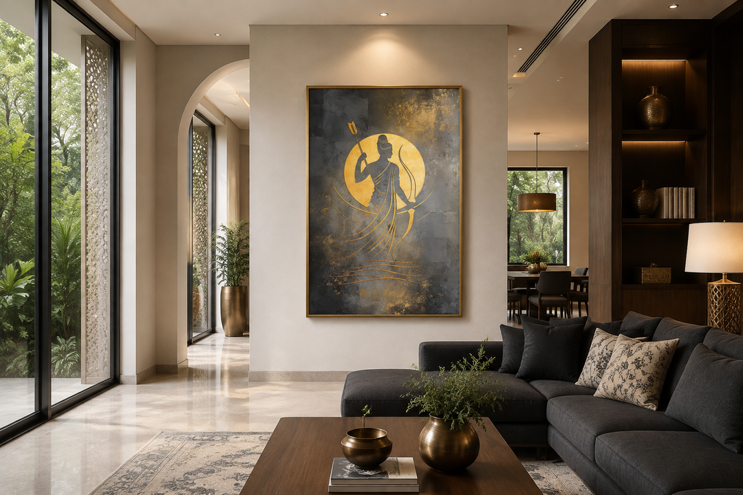 Minimalist Lord Rama gold and silver abstract framed canvas wall art in a modern living room.
