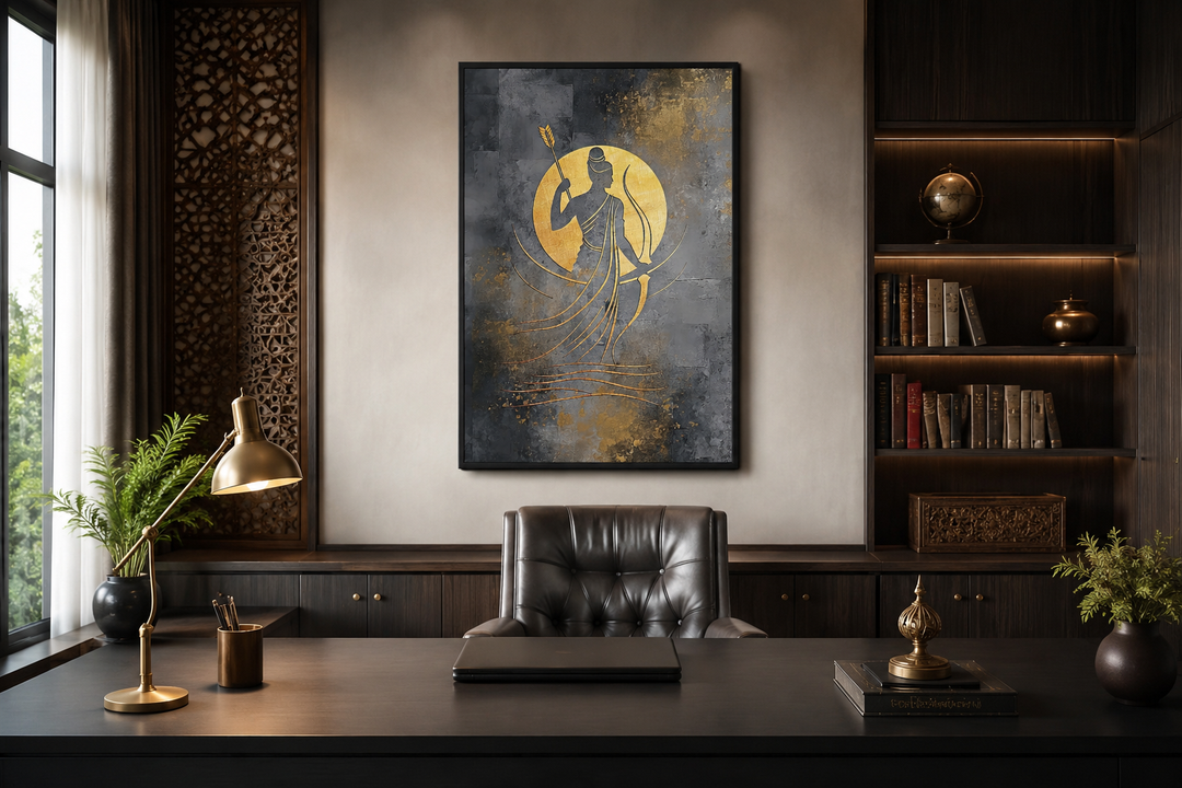 Minimalist Lord Rama gold and silver abstract framed canvas wall art in a modern office setting.