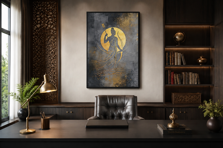 Minimalist Lord Rama gold and silver abstract framed canvas wall art in a modern office setting.