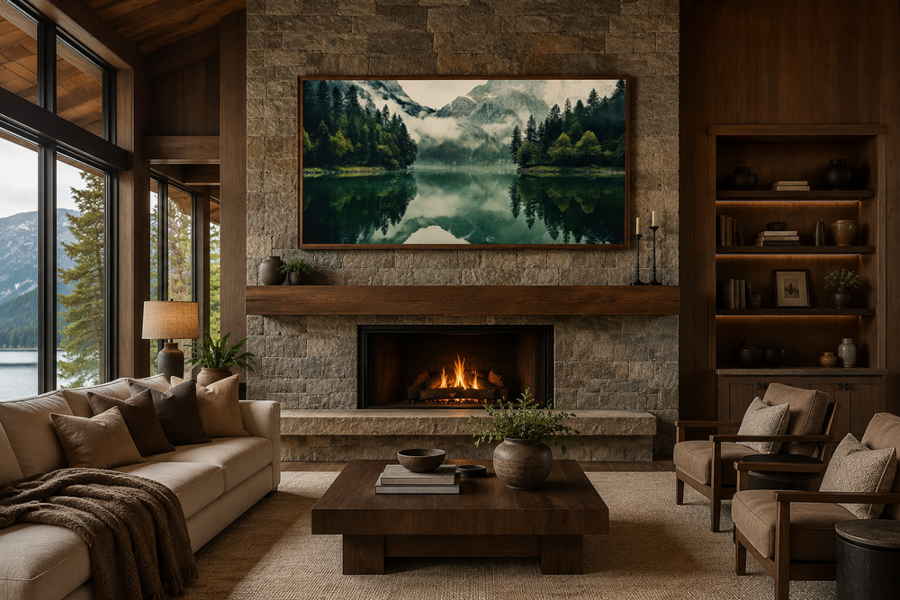 Emerald green canvas wall art of a mirror lake and mountains above a stone fireplace in a cabin.