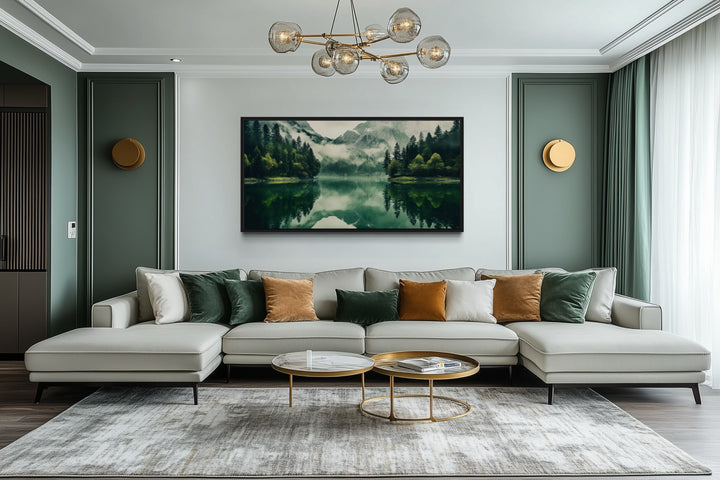 Mirror Lake and Mountains Emerald Green Nature Canvas Wall Art above a modern sofa in a living room.