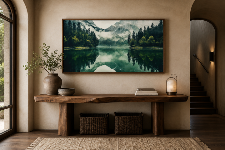 Emerald green canvas art of a mountain lake reflection above a rustic wooden console table.